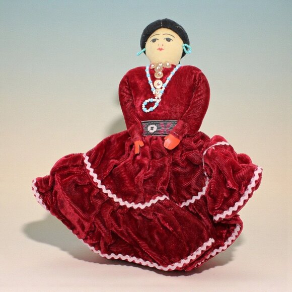 Handmade Other - Handmade Native American Doll With Red Velvet Dress Beaded Earrings & Necklace T